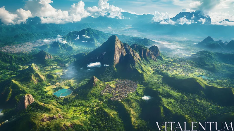 Aerial vista of verdant volcanic mountain range and crater lake
