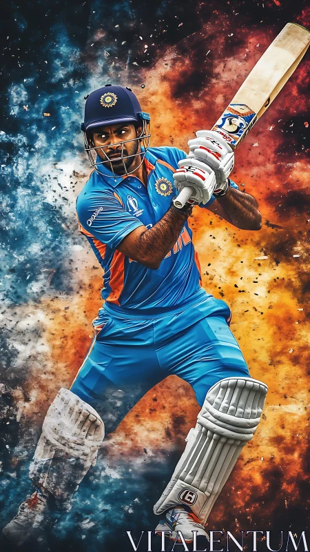 Cricket batsman in India kit playing attacking front-foot shot