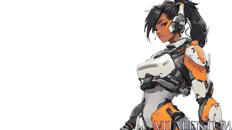 Augmented pilot in segmented exosuit with orange armored plating