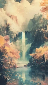 Ethereal waterfall descends through misty autumn canyon.