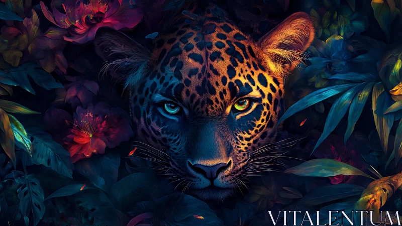 Leopard with Luminescent Eyes Among Neon Flowers.