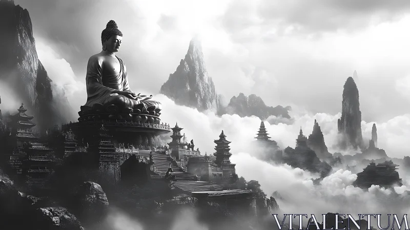 Monochrome mountain temple city under colossal Buddha statue.