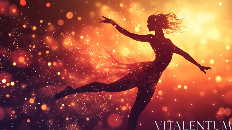Silhouetted dancer arcs through radiant bokeh light field