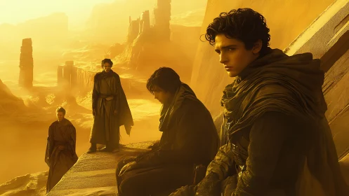 Desert heirs pause on golden ruins, weighing stormy destinies.