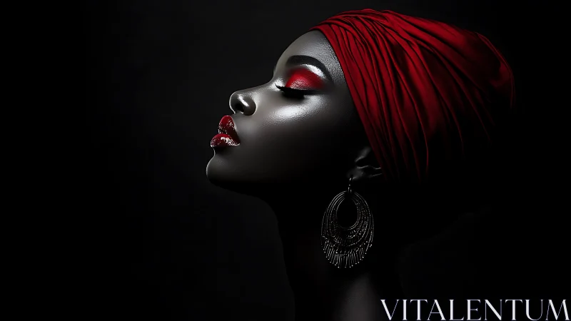 Radiant profile in red headwrap and glowing shadows.