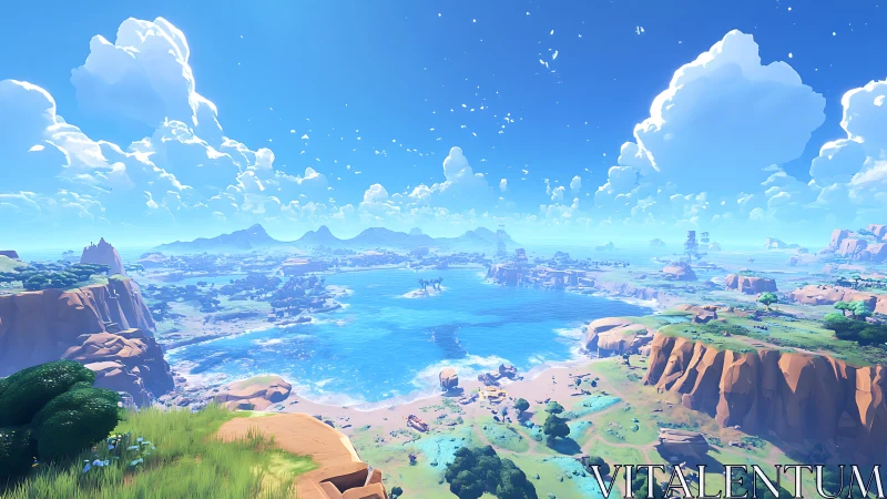 Expansive Fantasy Valley Basin with Crystalline Waters and Dramatic Cliffs.