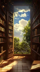 Bookshelves breathe open sky through a doorway of stories