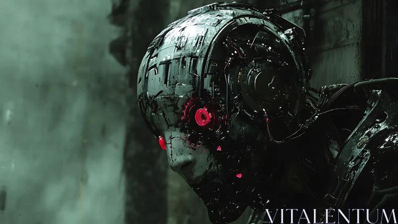 Cybernetic skull portrait with red luminescent optics.