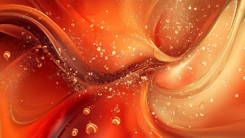 Luminous orange fluid waves with floating golden droplets.