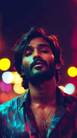 Neon bokeh portrait isolates a confident man in chromatic light