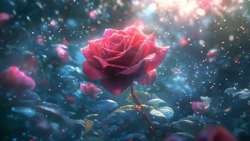 Digital render of crimson rose with particle effects and bokeh.