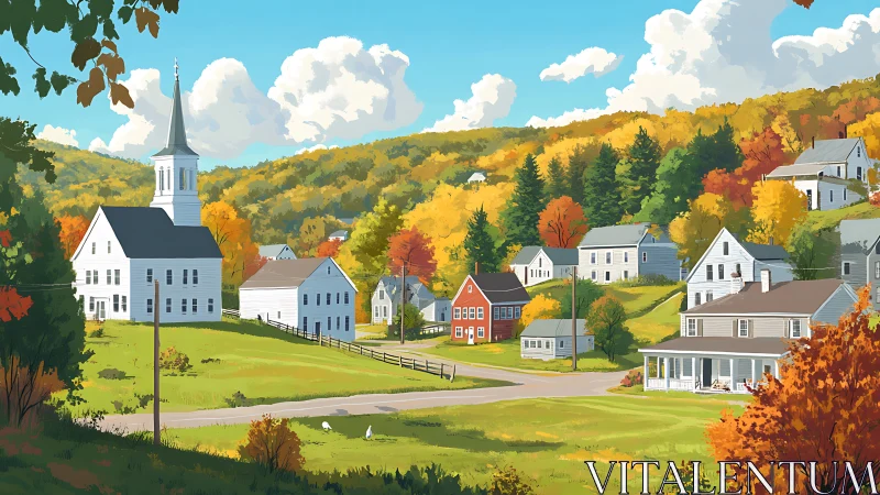 Quiet hillside village with church under bright autumn sky.