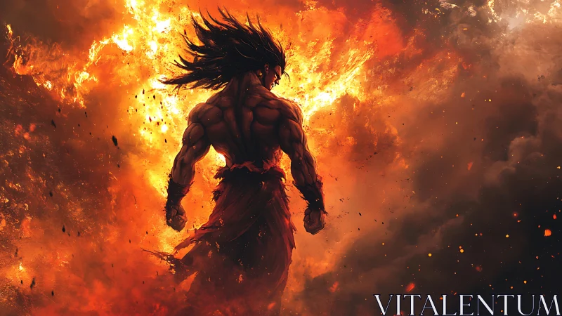 Muscular figure stands amid dense orange fire and smoke