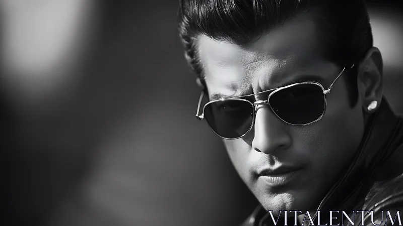 High-contrast monochrome portrait with shallow depth of field and rim-lit sunglasses