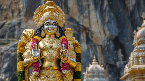 Gilded Hindu deity statue stands before cliffside temple domes