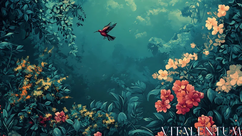 Bird flies over dense teal jungle foliage and flowers