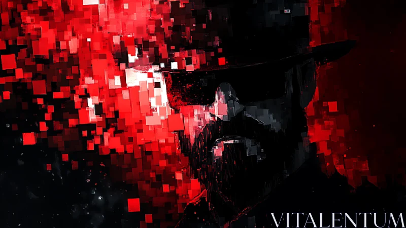 Pixelated shadow in crimson code quietly stares back