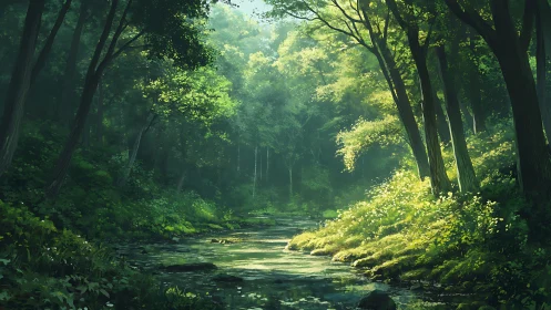 Forest Stream with Filtered Sunlight Through Canopy