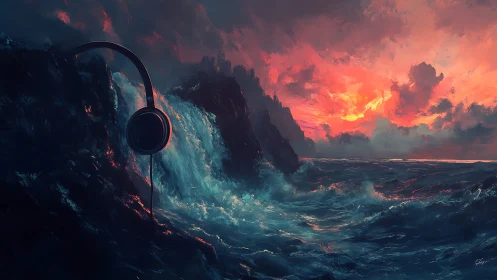 Headphone silhouette intersects rocky waterfall and turbulent sea