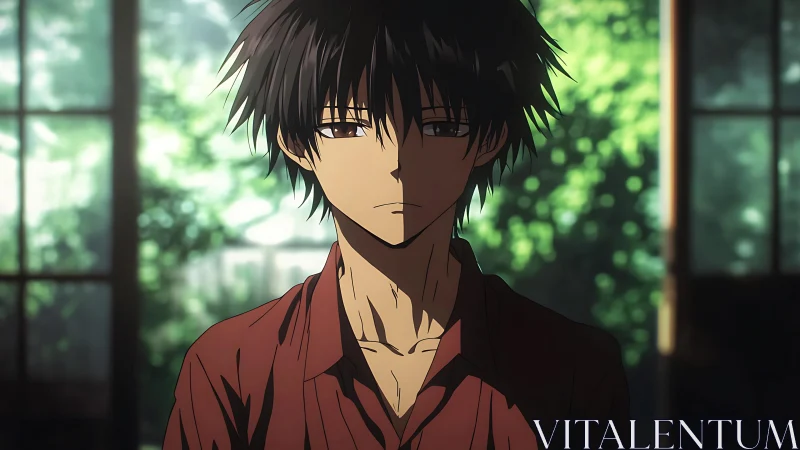 Pensive anime boy in shadowed room with window light.