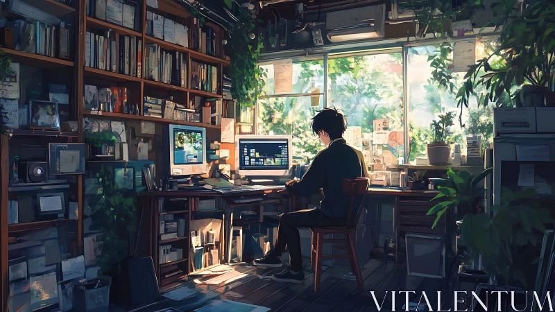 Backlit digital workspace integrates foliage, dual monitors, dense shelving