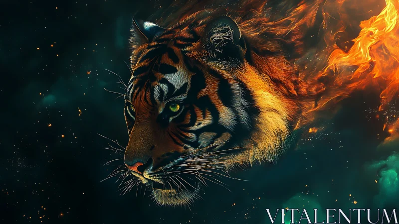 Astrophysical tiger head with combustion plume in nebular void.