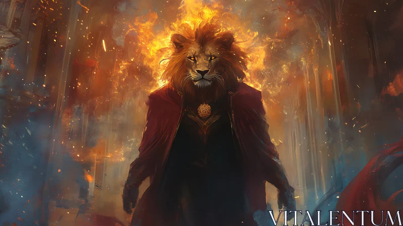 Anthropomorphic lion mage strides through volumetric fire field