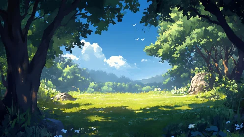 Forest clearing with meadow, trees, and sky vista.