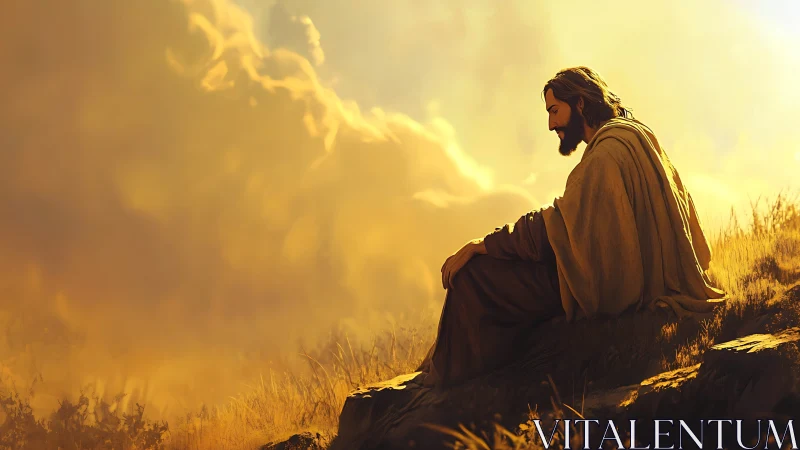 Figure seated on hillside under dense golden sky.