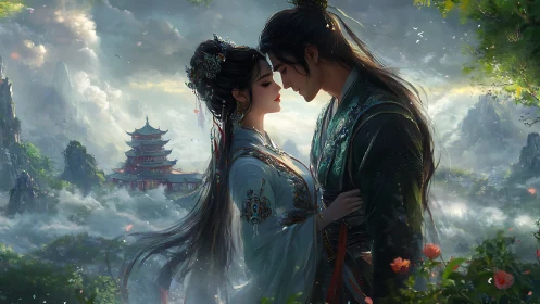 Ethereal Romance: Two Figures in Flowing Robes Against Misty Asian Landscape
