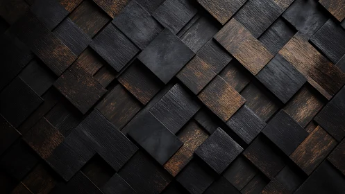 Dark wooden 3D geometric wall pattern with woven texture.