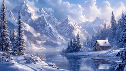 Cozy cabin rests beside a frozen lake in snowy mountains.