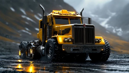 Bold yellow off road truck poised for adventure in rain.