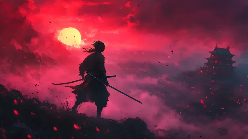 Samurai silhouette before red sun and distant pagoda.