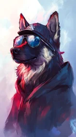 Cool German Shepherd portrait in hoodie and shades.