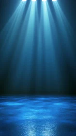 Four converging blue spotlights over reflective floor stage.