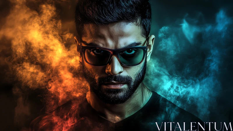 Male subject in sunglasses is lit by contrasting colored smoke