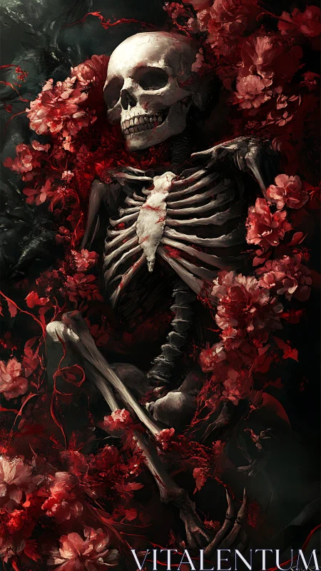 Human skeleton entwined with dense red flowers and vines.
