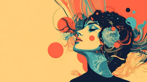 Profile view of stylized female figure in abstract colors.