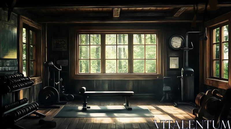 Wooden home gym interior with central weight bench.