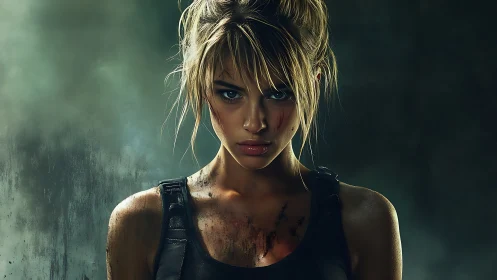 Battleworn heroine stares down stormy shadows of war.