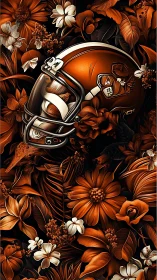 Digital painting of orange football helmet in floral fieldscape.
