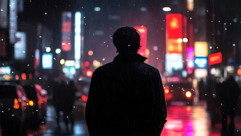 Silhouette in neon rain against blurred metropolitan traffic.