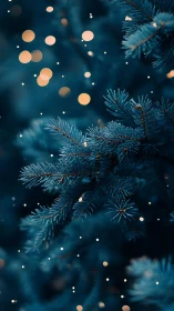 Blue spruce bokeh close-up with warm festive light orbs.
