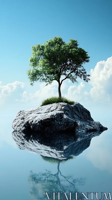 Solitary tree crowns mirrored rock above still water.