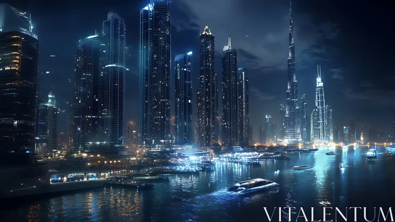 Futuristic coastal city skyline with illuminated high-rises at night.