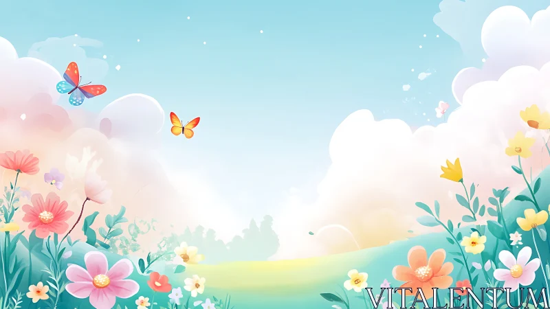 Butterflies above stylized meadow with pastel flowers and clouds.