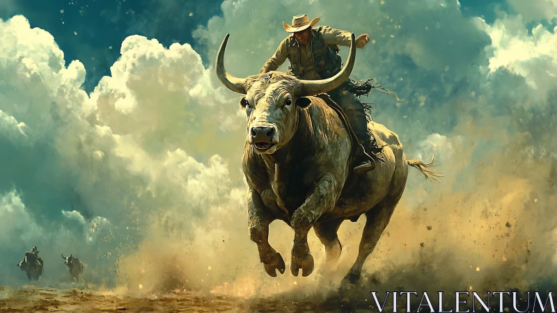Mounted rider on charging bull amid dust and clouds.