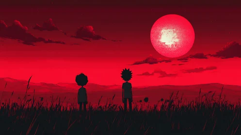Two figures stand in a field under a large red moon