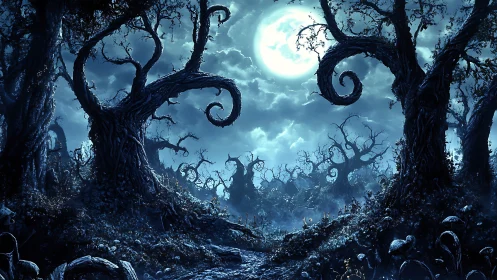 Moonlit twisted forest curls beneath stormy haunted sky.
